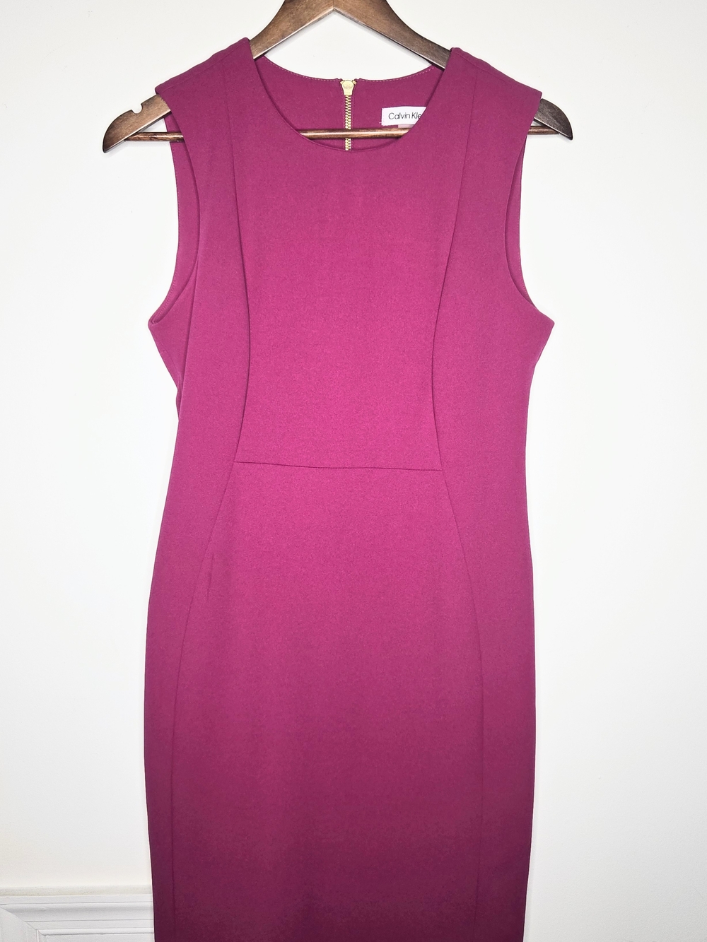 Calvin Klein Magenta Berry Sleeveless Princess Seam Sheath Dress Gold Zip 8